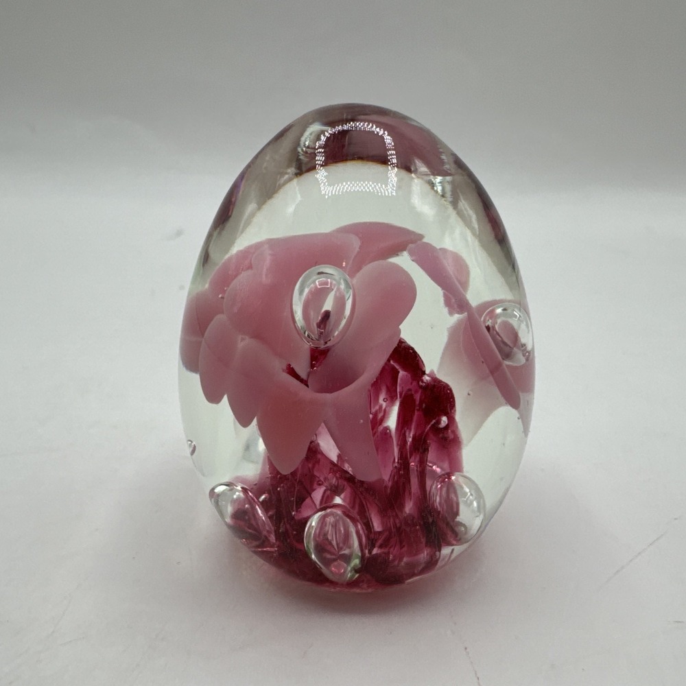 Vintage 2004 Joe Rice Pink Trumpet Flower Bubble Paperweight Art‎ Glass